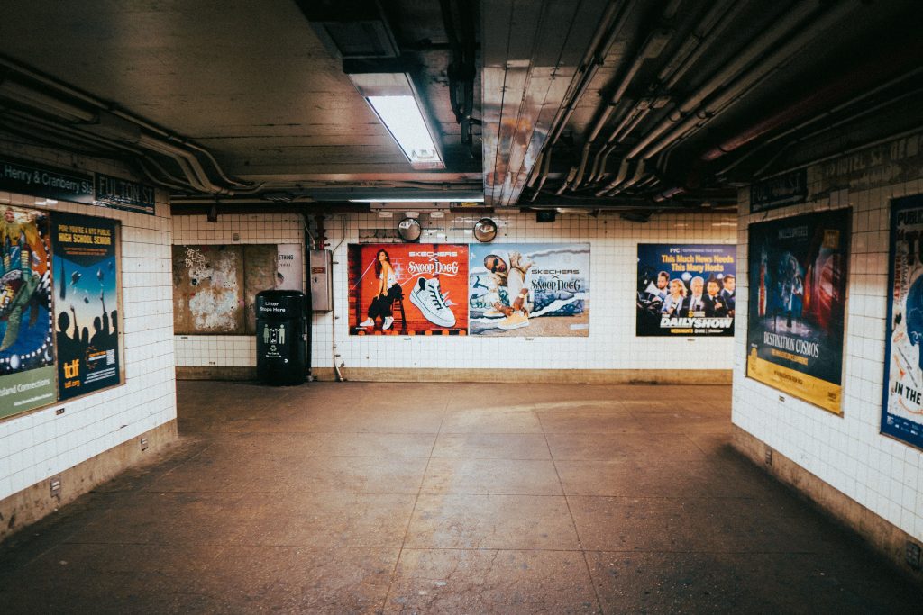 Advertising displays inside Fulton Street subway station