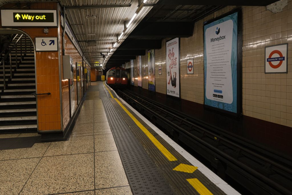 Advertising panels on the platform at Hounslow West Underground station