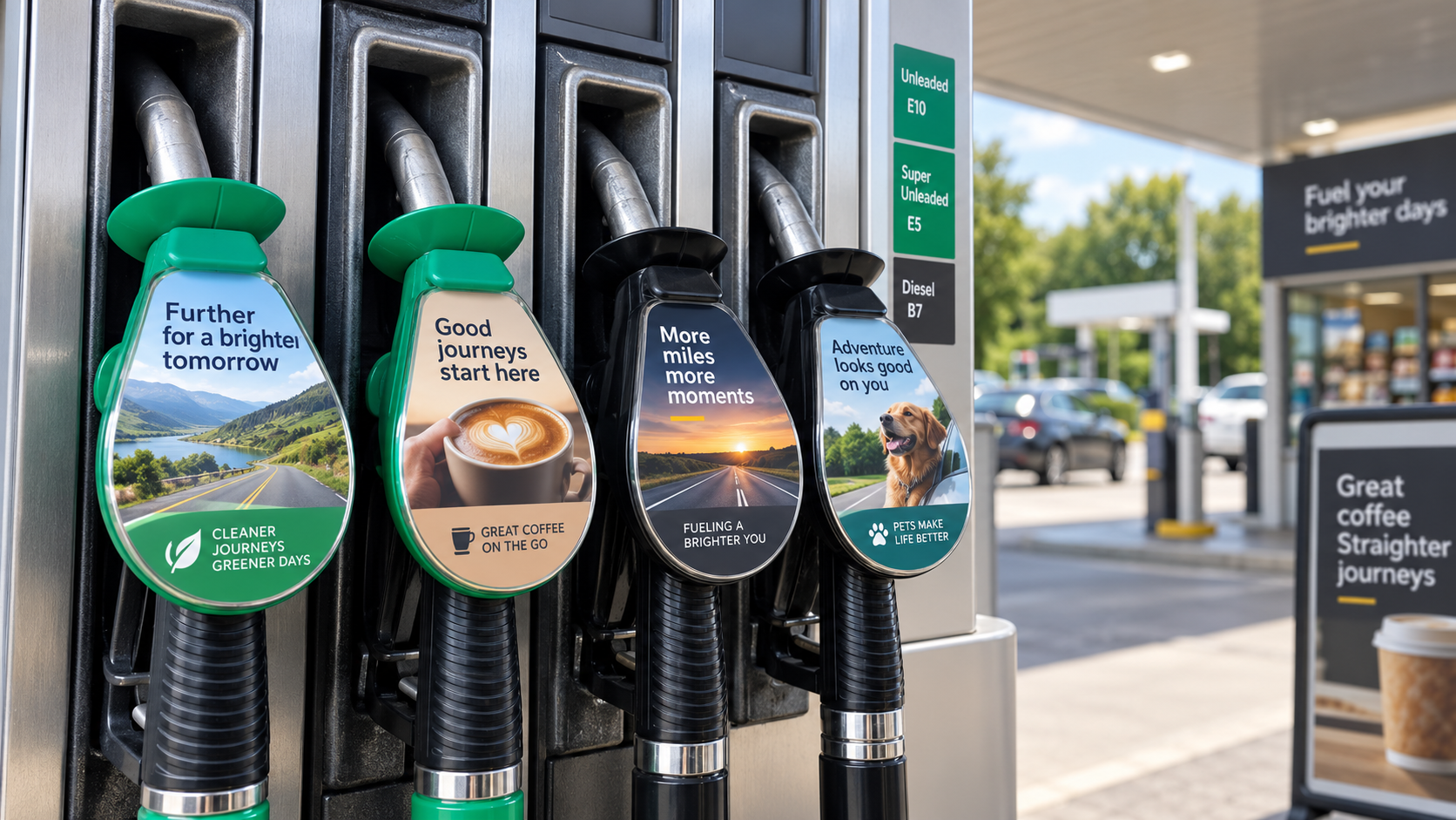 Petrol pump advertising on fuel nozzles at a modern UK forecourt